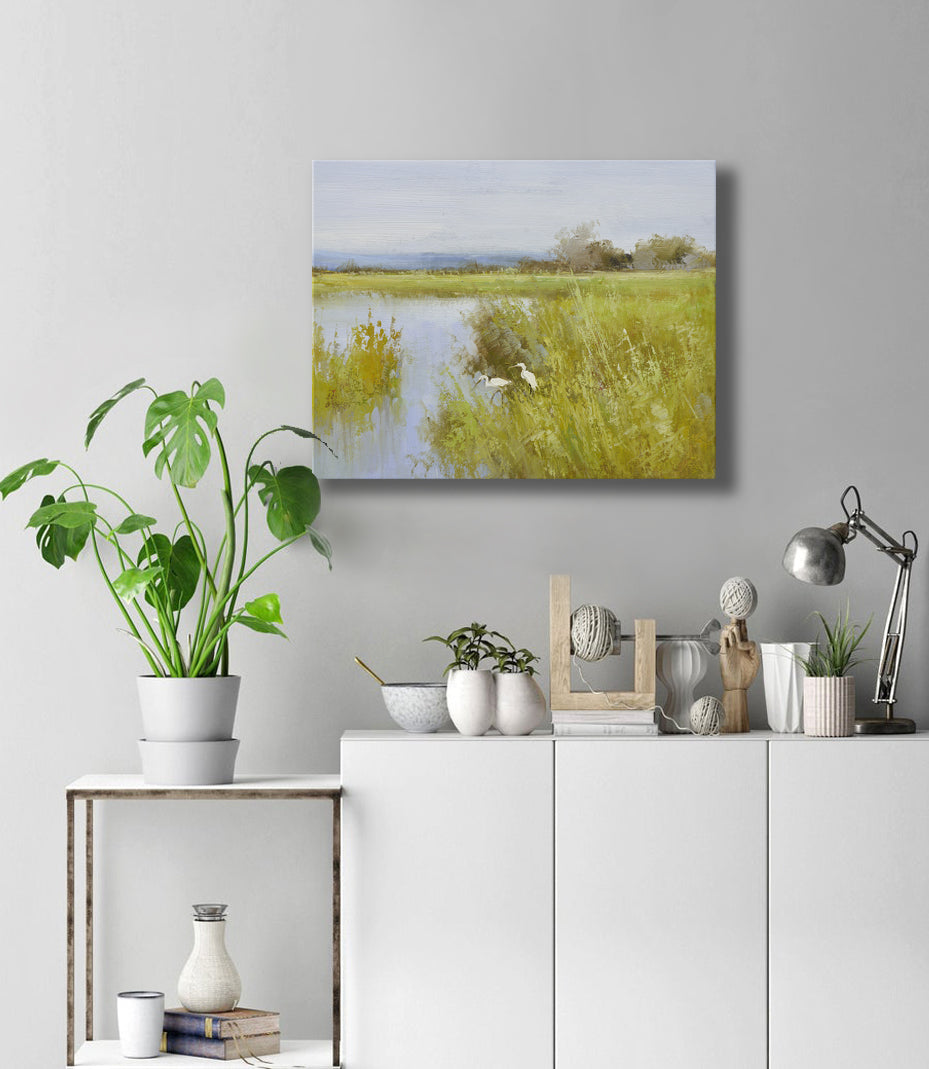 12x16 oil painting on canvas of egrets in marsh landscape 22010527 image 1