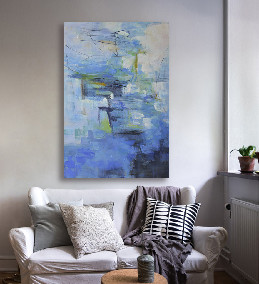 40x60 Large abstract oil painting in blue and green on canvas 7176704 image 1