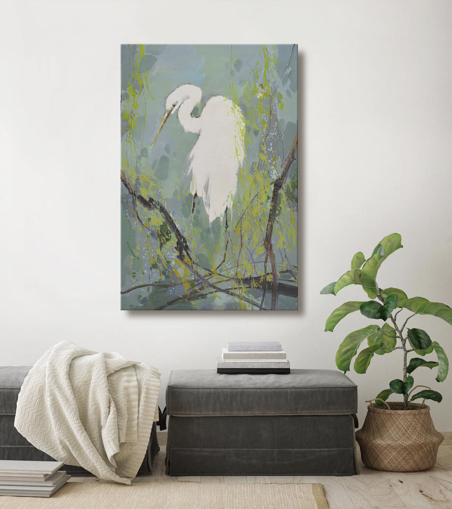 24x36 oil painting on canvas of white egret on tree branch 41992812 image 1