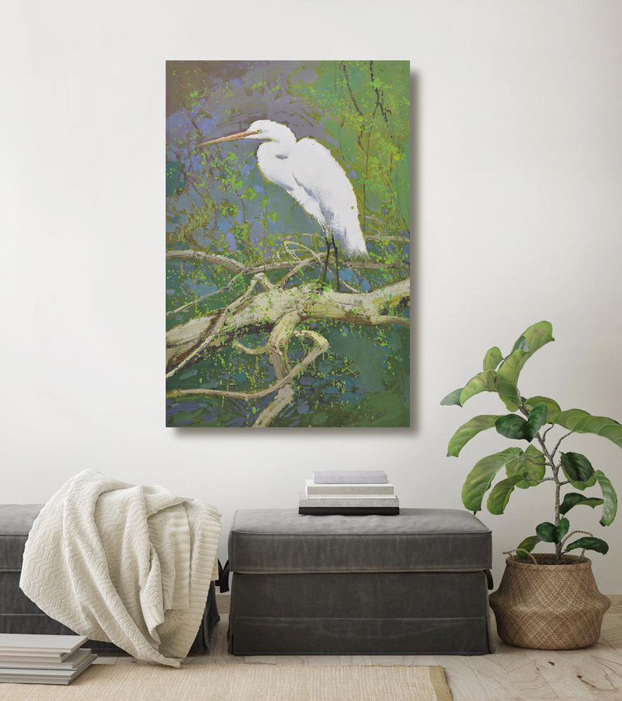 24x36 oil painting on canvas of white egret on tree branch landscape 4199282 image 1