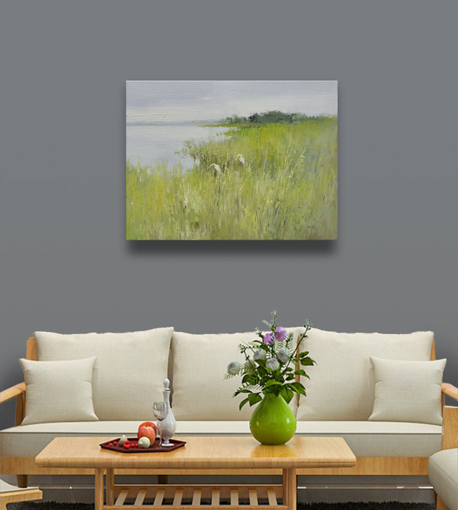 12x16 oil painting on canvas of egrets in marsh landscape 22010531 image 1