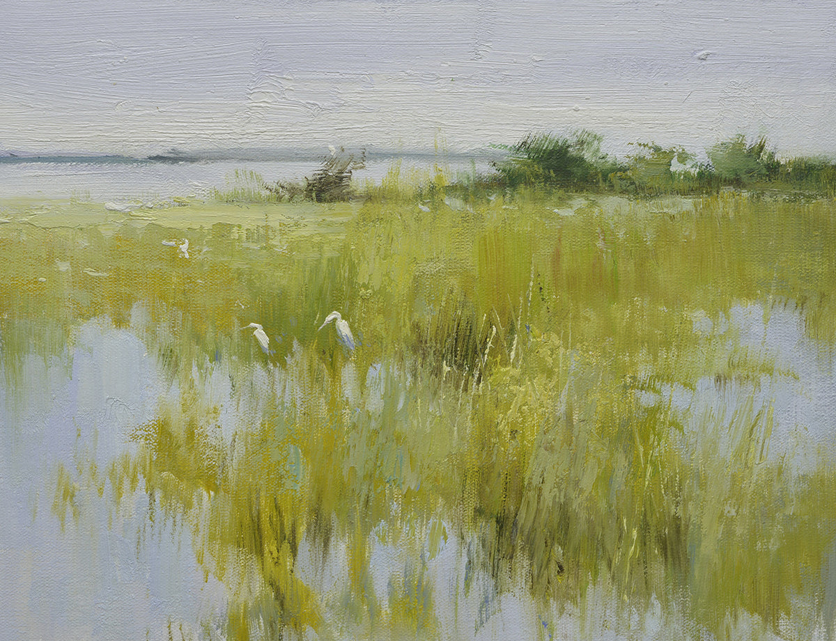 12x16 oil painting on canvas of egrets in marsh landscape 22010533 image 0
