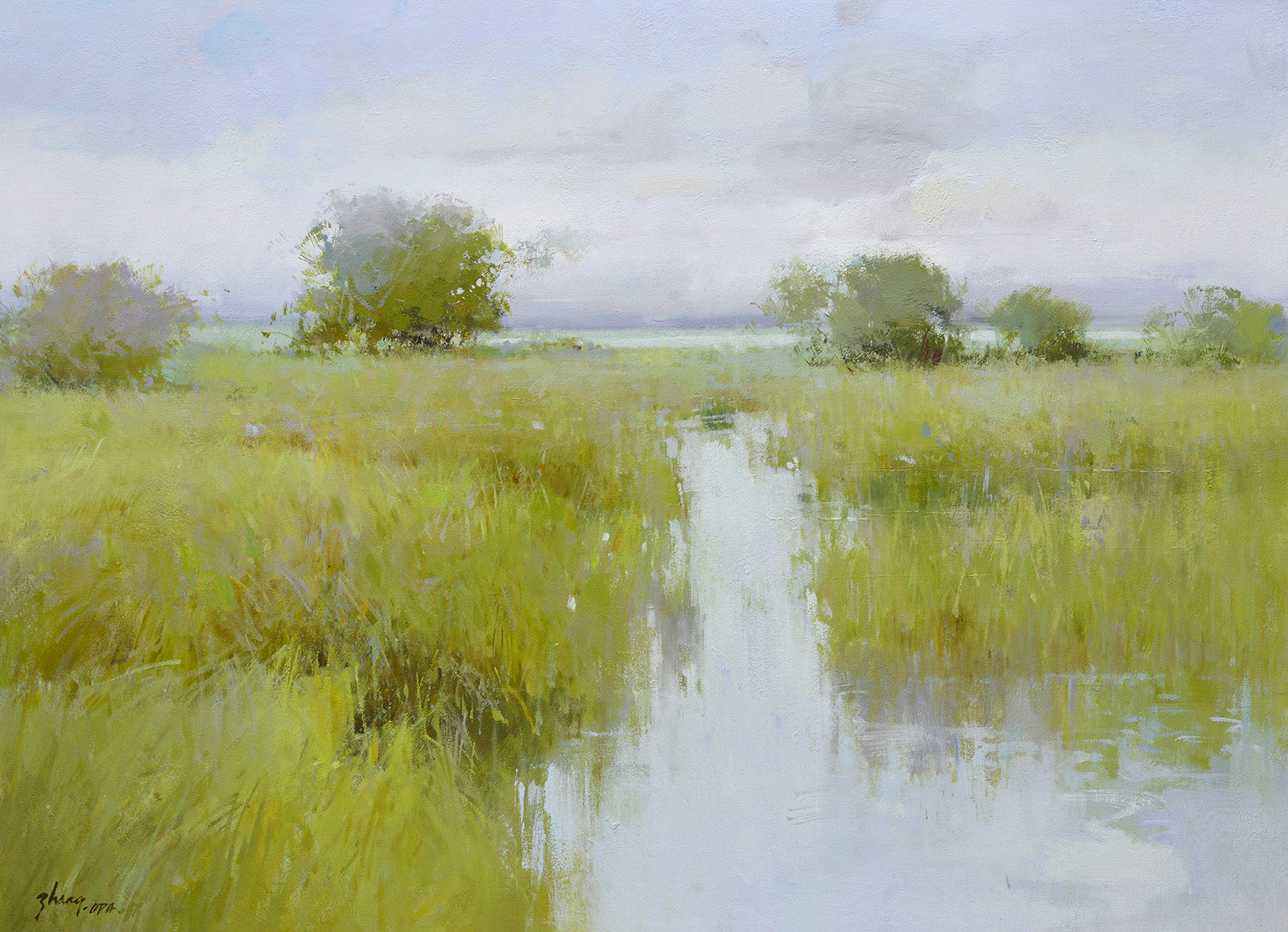 Original Oil Painting – "Sky in the Marsh" | Wetland Water Reflection | Serene Nature Landscape Art