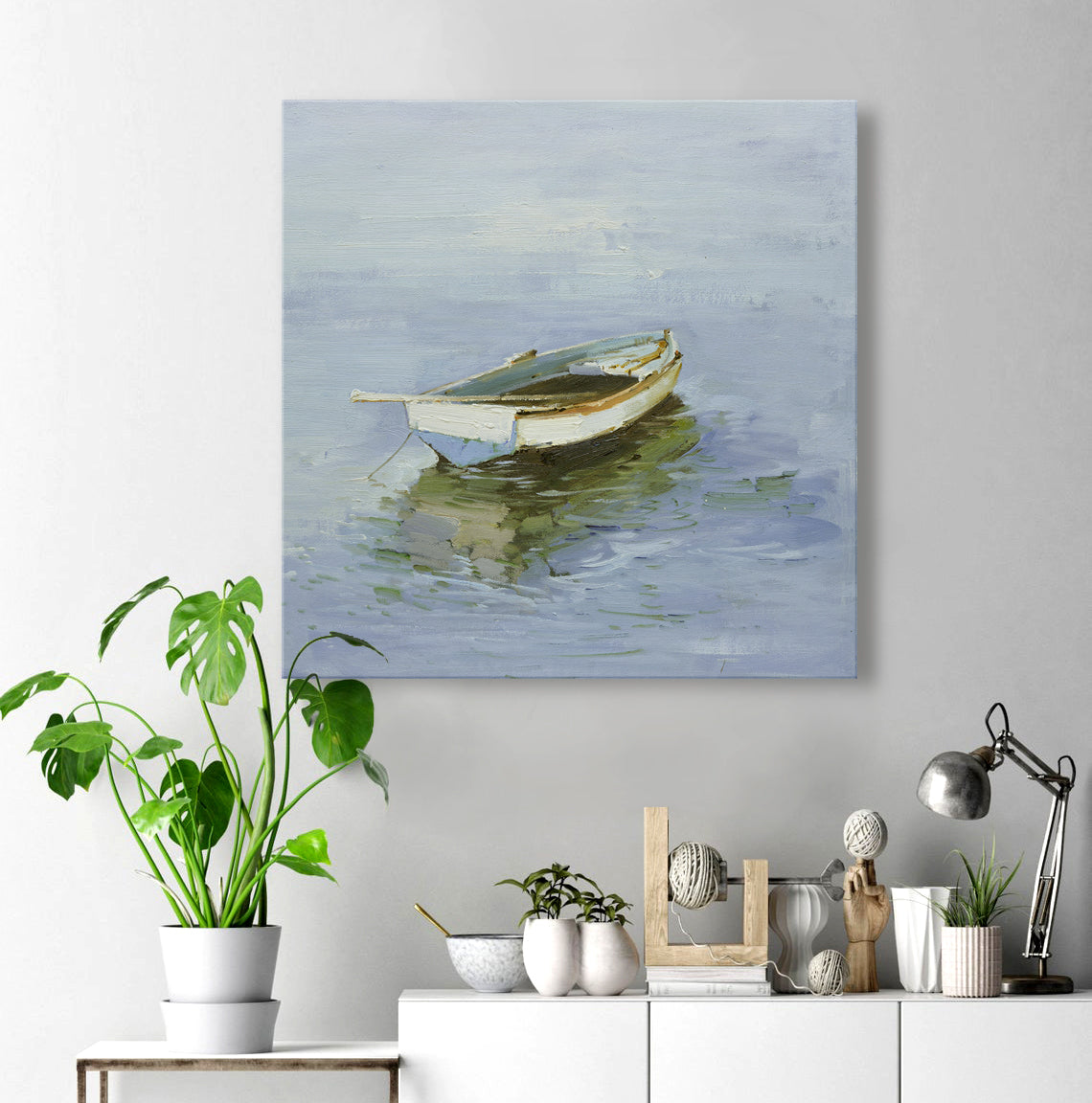 16x16 oil painting on canvas of little white boat on water 22010513 image 1