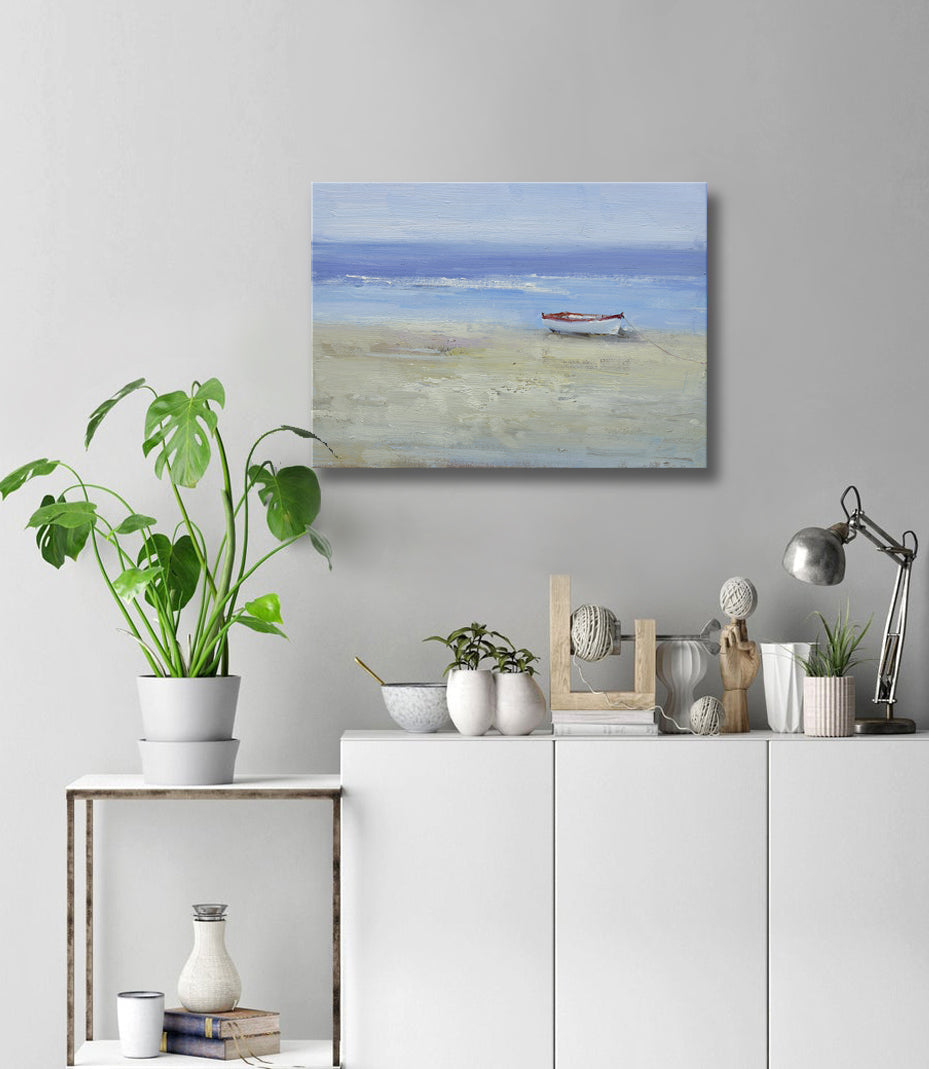 12x16 oil painting on canvas of white boat on beach 22010538 image 1